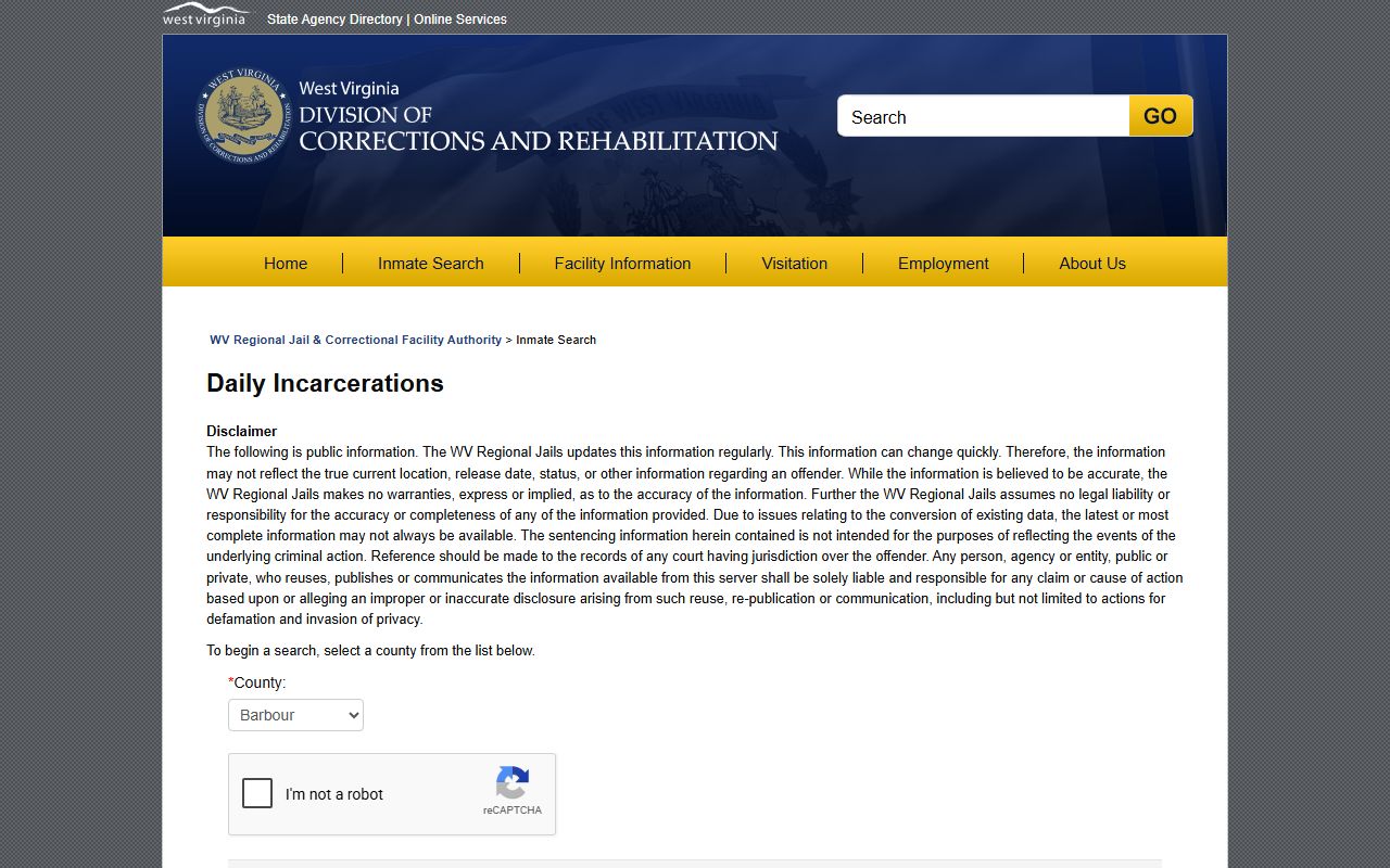 West Virginia inmate population Daily Incarcerations page