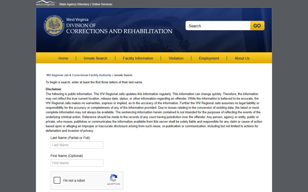 West Virginia regional jail search for statewide inmate population lookup