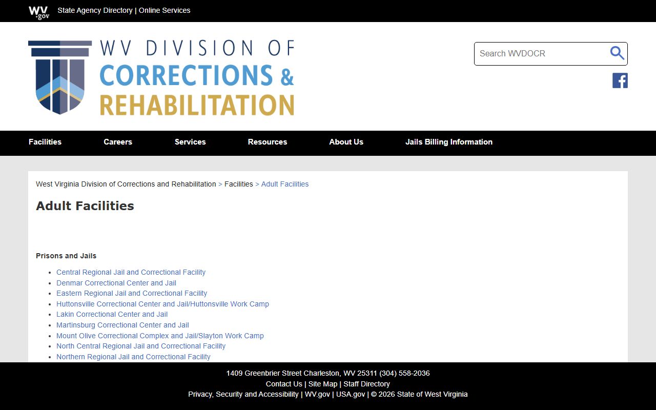 West Virginia inmate population adult facilities list