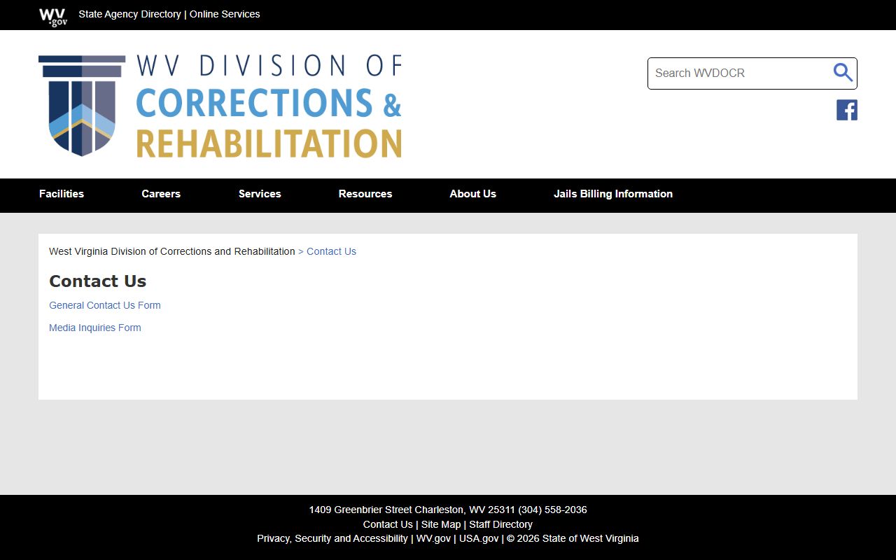 WVDCR contact page for West Virginia inmate record requests